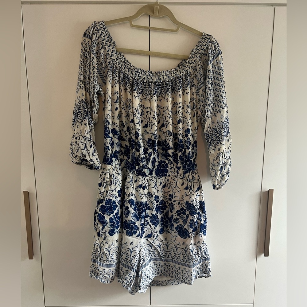 Anthropologie long sleeve blue and white romper